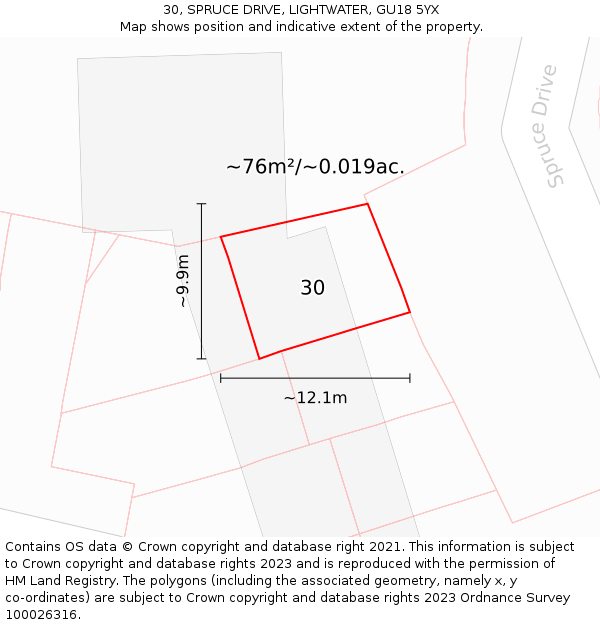 30, SPRUCE DRIVE, LIGHTWATER, GU18 5YX: Plot and title map