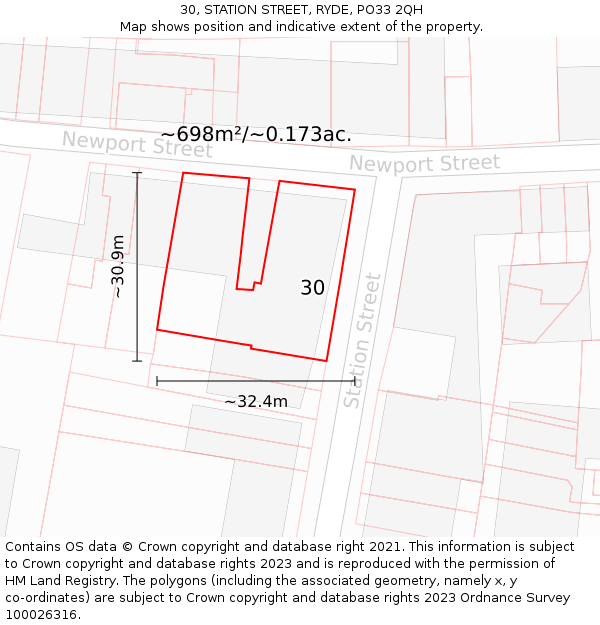 30, STATION STREET, RYDE, PO33 2QH: Plot and title map