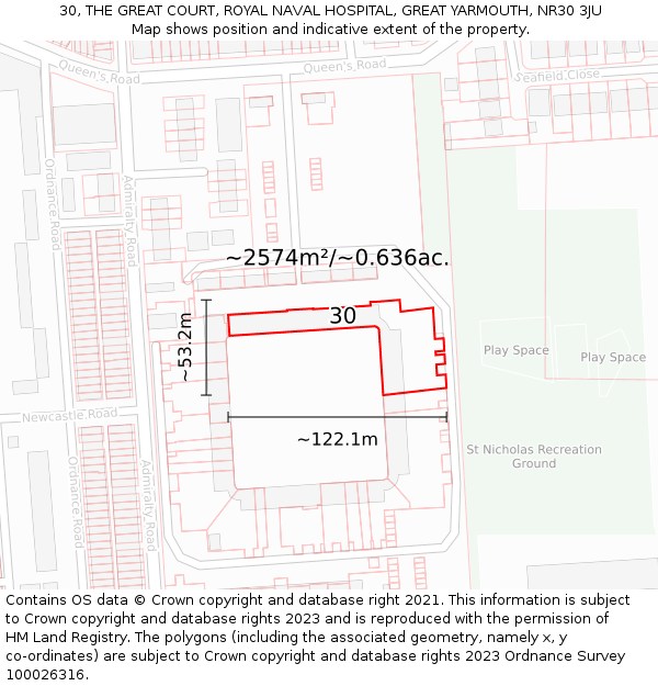 30, THE GREAT COURT, ROYAL NAVAL HOSPITAL, GREAT YARMOUTH, NR30 3JU: Plot and title map
