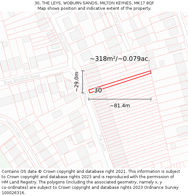 30, THE LEYS, WOBURN SANDS, MILTON KEYNES, MK17 8QF: Plot and title map