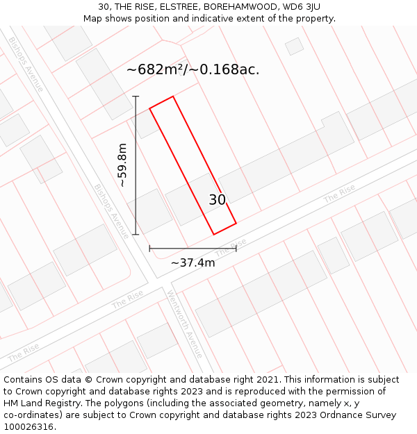 30, THE RISE, ELSTREE, BOREHAMWOOD, WD6 3JU: Plot and title map