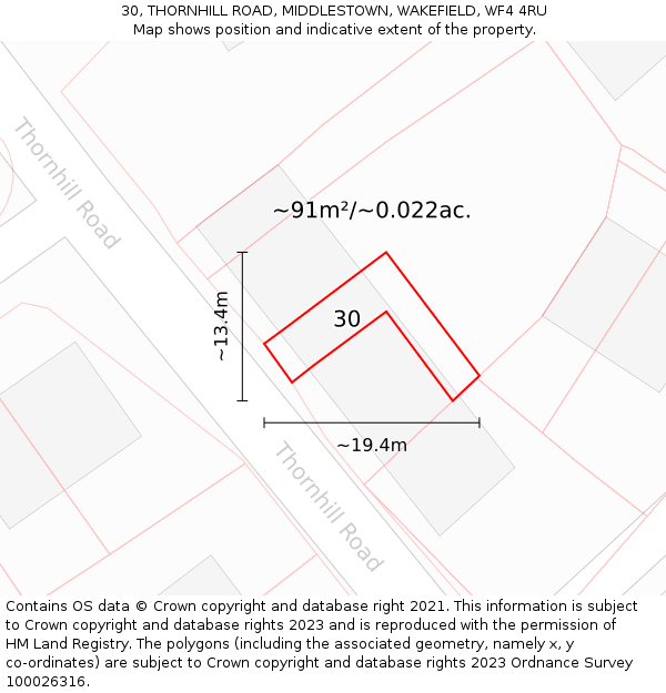30, THORNHILL ROAD, MIDDLESTOWN, WAKEFIELD, WF4 4RU: Plot and title map