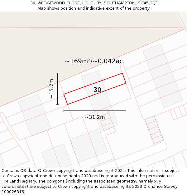 30, WEDGEWOOD CLOSE, HOLBURY, SOUTHAMPTON, SO45 2QF: Plot and title map