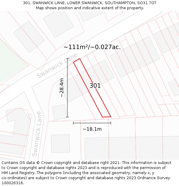 301, SWANWICK LANE, LOWER SWANWICK, SOUTHAMPTON, SO31 7GT: Plot and title map