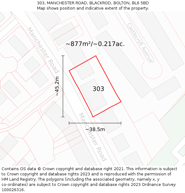 303, MANCHESTER ROAD, BLACKROD, BOLTON, BL6 5BD: Plot and title map