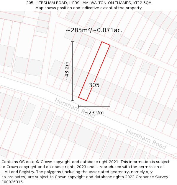 305, HERSHAM ROAD, HERSHAM, WALTON-ON-THAMES, KT12 5QA: Plot and title map