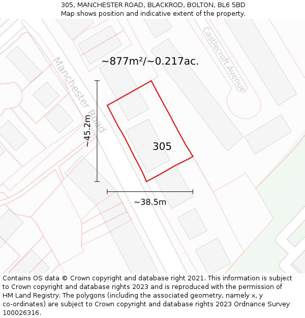 305, MANCHESTER ROAD, BLACKROD, BOLTON, BL6 5BD: Plot and title map
