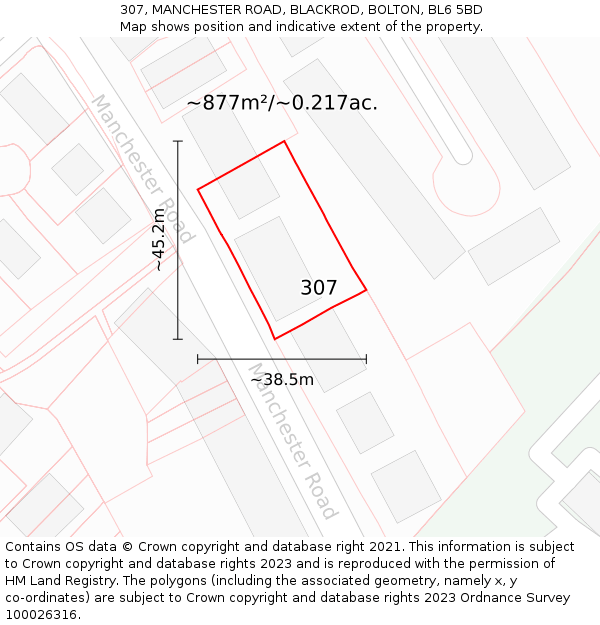 307, MANCHESTER ROAD, BLACKROD, BOLTON, BL6 5BD: Plot and title map