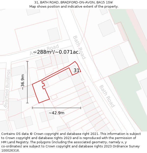 31, BATH ROAD, BRADFORD-ON-AVON, BA15 1SW: Plot and title map