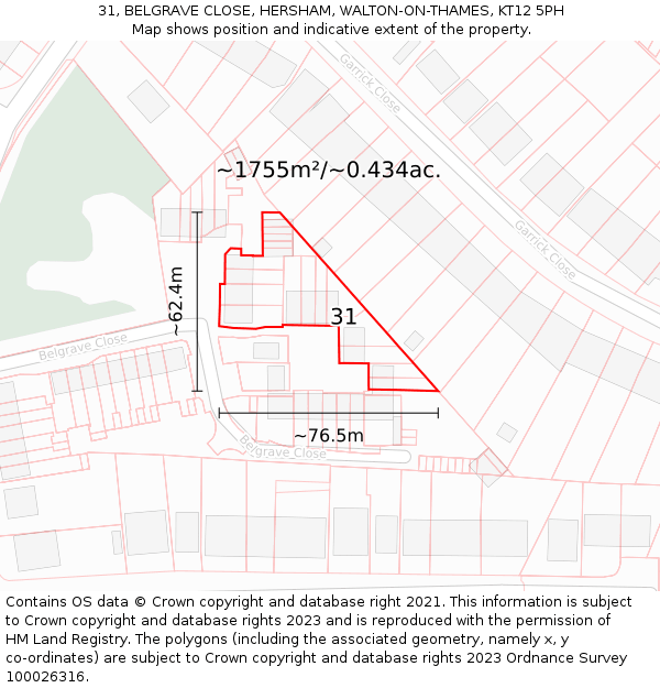 31, BELGRAVE CLOSE, HERSHAM, WALTON-ON-THAMES, KT12 5PH: Plot and title map