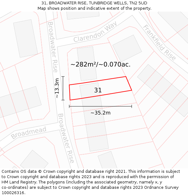 31, BROADWATER RISE, TUNBRIDGE WELLS, TN2 5UD: Plot and title map