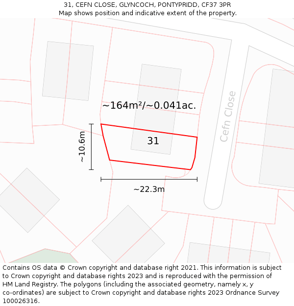31, CEFN CLOSE, GLYNCOCH, PONTYPRIDD, CF37 3PR: Plot and title map