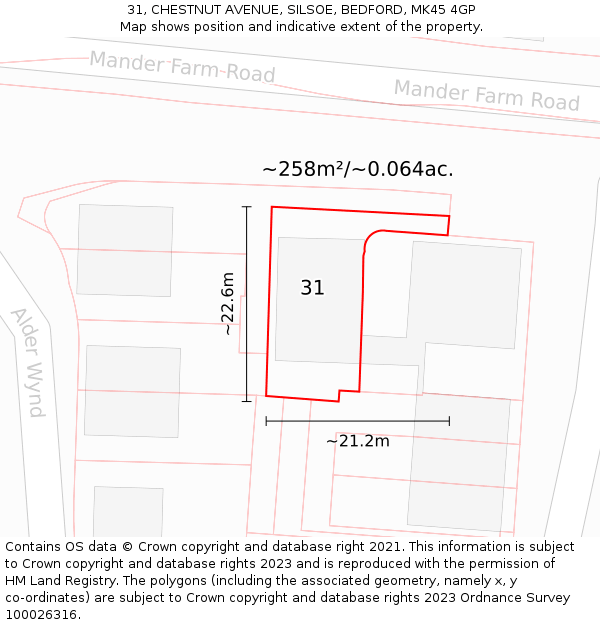 31, CHESTNUT AVENUE, SILSOE, BEDFORD, MK45 4GP: Plot and title map