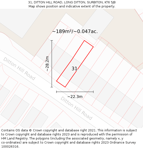 31, DITTON HILL ROAD, LONG DITTON, SURBITON, KT6 5JB: Plot and title map