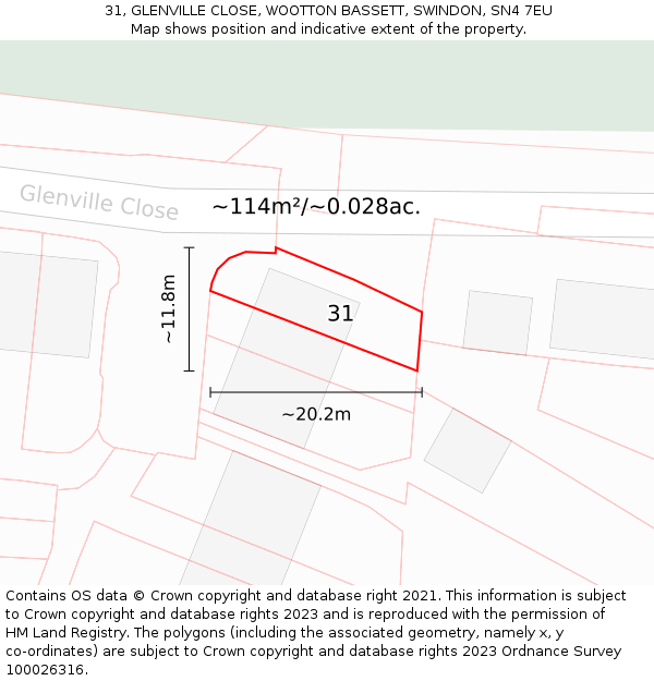 31, GLENVILLE CLOSE, WOOTTON BASSETT, SWINDON, SN4 7EU: Plot and title map