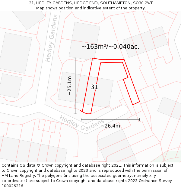 31, HEDLEY GARDENS, HEDGE END, SOUTHAMPTON, SO30 2WT: Plot and title map