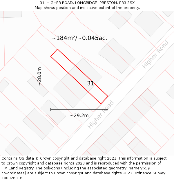 31, HIGHER ROAD, LONGRIDGE, PRESTON, PR3 3SX: Plot and title map