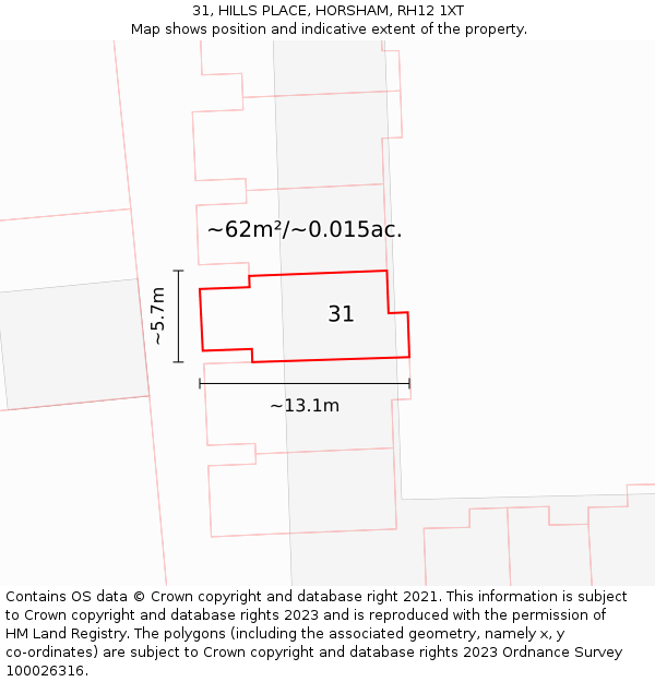 31, HILLS PLACE, HORSHAM, RH12 1XT: Plot and title map