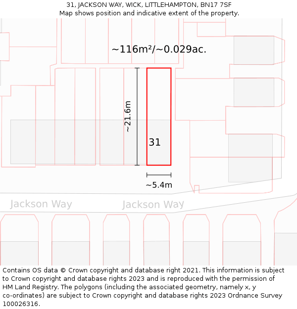 31, JACKSON WAY, WICK, LITTLEHAMPTON, BN17 7SF: Plot and title map