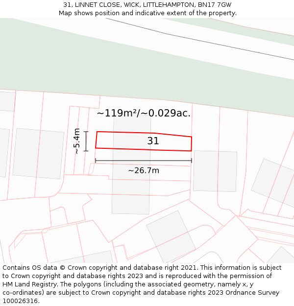 31, LINNET CLOSE, WICK, LITTLEHAMPTON, BN17 7GW: Plot and title map