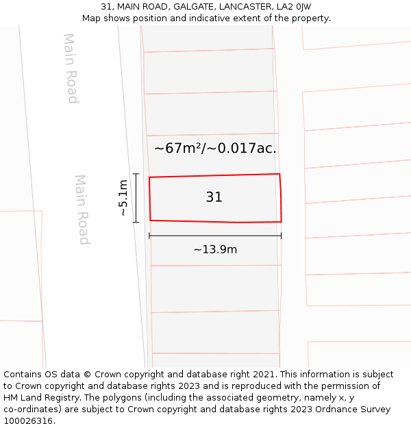 31, MAIN ROAD, GALGATE, LANCASTER, LA2 0JW: Plot and title map