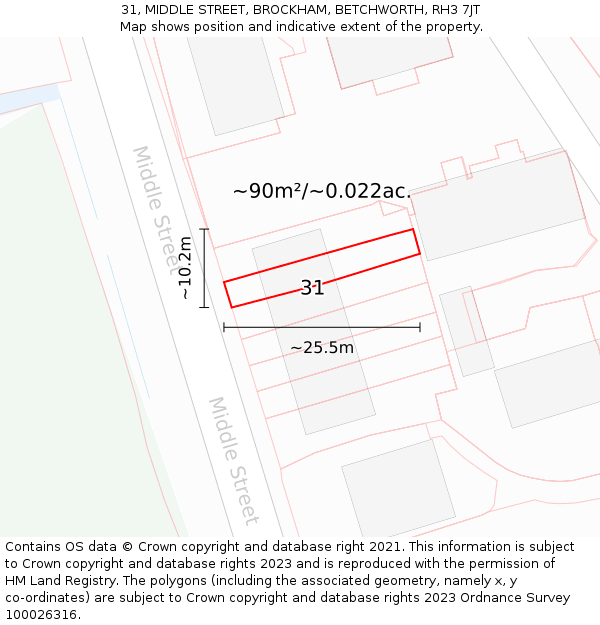 31, MIDDLE STREET, BROCKHAM, BETCHWORTH, RH3 7JT: Plot and title map
