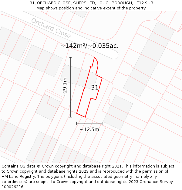 31, ORCHARD CLOSE, SHEPSHED, LOUGHBOROUGH, LE12 9UB: Plot and title map