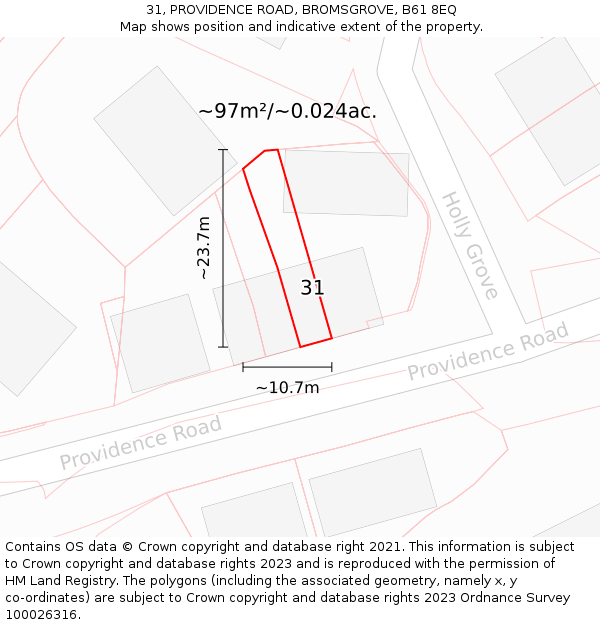 31, PROVIDENCE ROAD, BROMSGROVE, B61 8EQ: Plot and title map