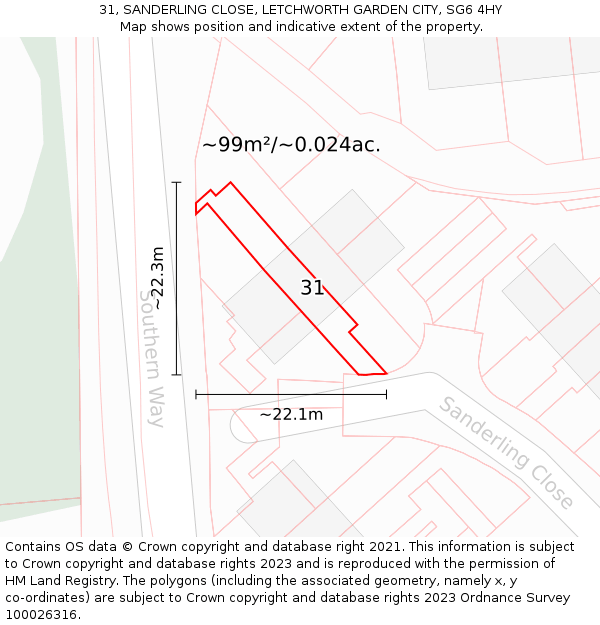 31, SANDERLING CLOSE, LETCHWORTH GARDEN CITY, SG6 4HY: Plot and title map