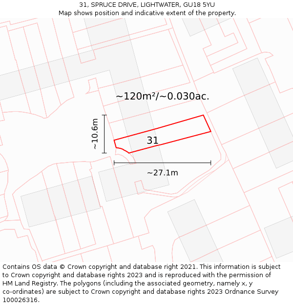 31, SPRUCE DRIVE, LIGHTWATER, GU18 5YU: Plot and title map