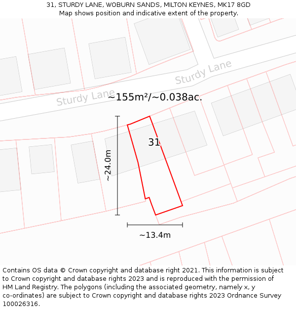 31, STURDY LANE, WOBURN SANDS, MILTON KEYNES, MK17 8GD: Plot and title map