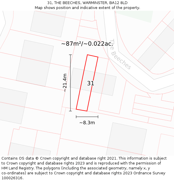 31, THE BEECHES, WARMINSTER, BA12 8LD: Plot and title map