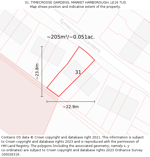 31, TYMECROSSE GARDENS, MARKET HARBOROUGH, LE16 7US: Plot and title map