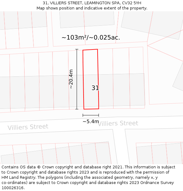 31, VILLIERS STREET, LEAMINGTON SPA, CV32 5YH: Plot and title map