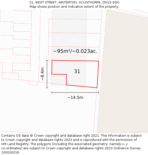 31, WEST STREET, WINTERTON, SCUNTHORPE, DN15 9QG: Plot and title map
