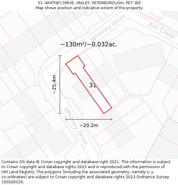 31, WHITNEY DRIVE, YAXLEY, PETERBOROUGH, PE7 3EF: Plot and title map