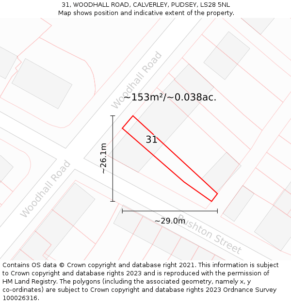 31, WOODHALL ROAD, CALVERLEY, PUDSEY, LS28 5NL: Plot and title map