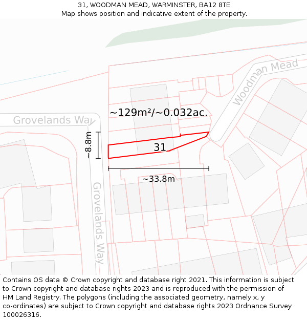 31, WOODMAN MEAD, WARMINSTER, BA12 8TE: Plot and title map