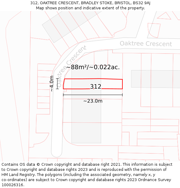 312, OAKTREE CRESCENT, BRADLEY STOKE, BRISTOL, BS32 9AJ: Plot and title map