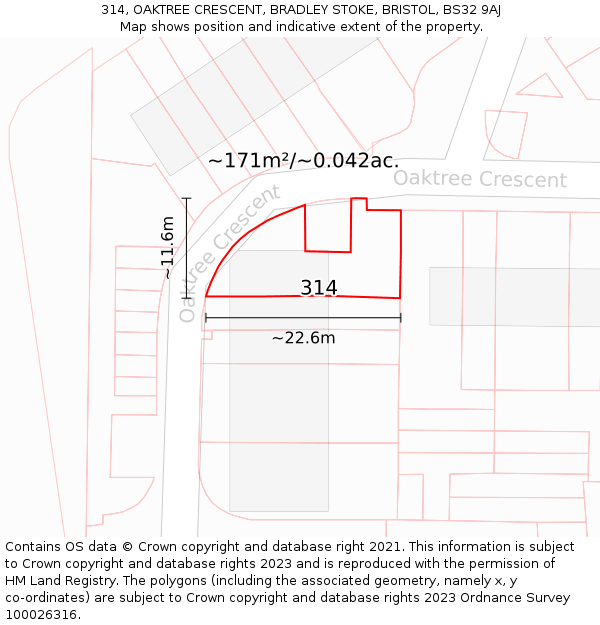 314, OAKTREE CRESCENT, BRADLEY STOKE, BRISTOL, BS32 9AJ: Plot and title map
