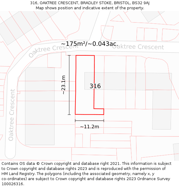 316, OAKTREE CRESCENT, BRADLEY STOKE, BRISTOL, BS32 9AJ: Plot and title map