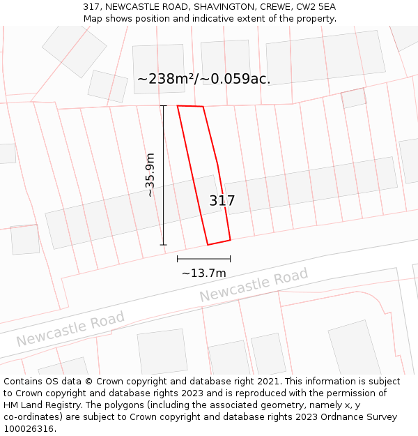 317, NEWCASTLE ROAD, SHAVINGTON, CREWE, CW2 5EA: Plot and title map