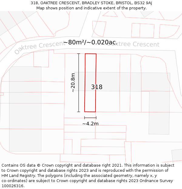 318, OAKTREE CRESCENT, BRADLEY STOKE, BRISTOL, BS32 9AJ: Plot and title map