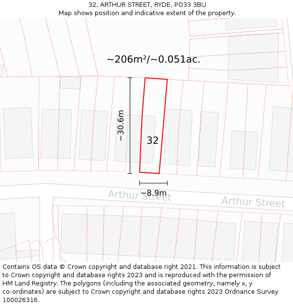 32, ARTHUR STREET, RYDE, PO33 3BU: Plot and title map