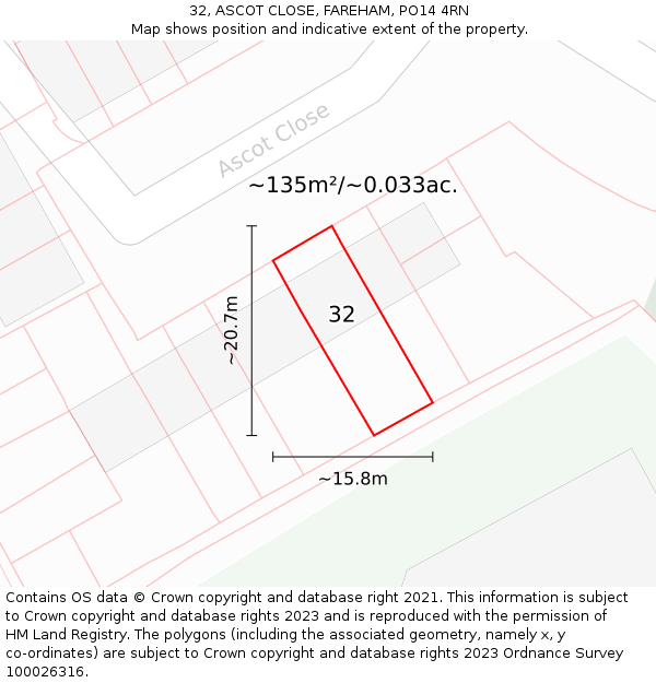 32, ASCOT CLOSE, FAREHAM, PO14 4RN: Plot and title map