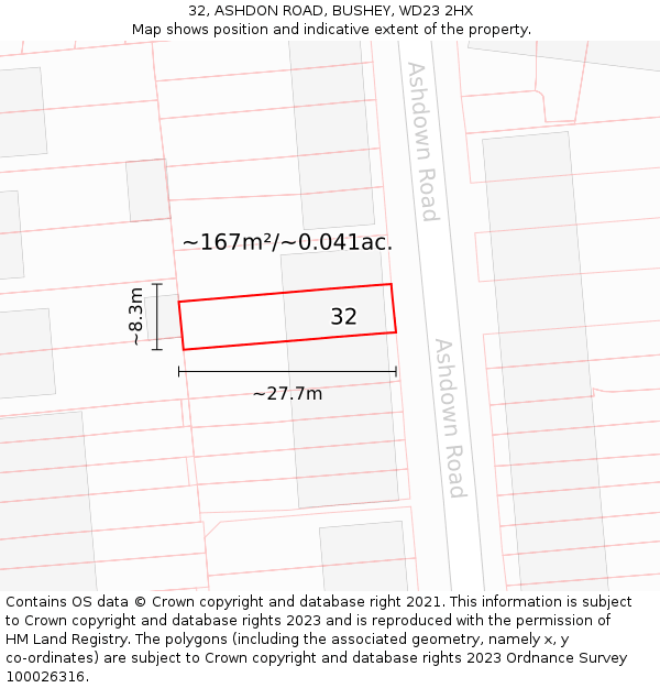 32, ASHDON ROAD, BUSHEY, WD23 2HX: Plot and title map