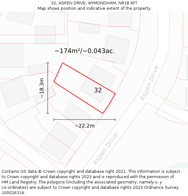 32, ASPEN DRIVE, WYMONDHAM, NR18 9FT: Plot and title map