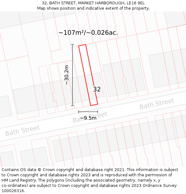 32, BATH STREET, MARKET HARBOROUGH, LE16 9EL: Plot and title map