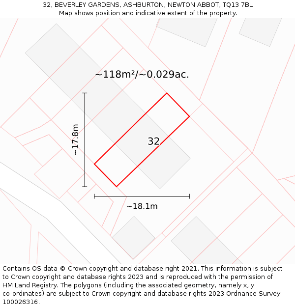 32, BEVERLEY GARDENS, ASHBURTON, NEWTON ABBOT, TQ13 7BL: Plot and title map