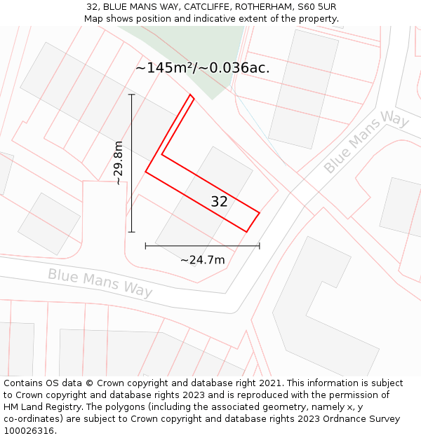 32, BLUE MANS WAY, CATCLIFFE, ROTHERHAM, S60 5UR: Plot and title map
